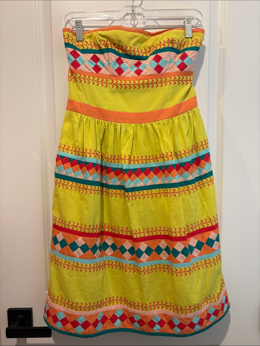 leifsdottir Strapless Yellow Dress with Multicolor Geometric Trim Anthropologie